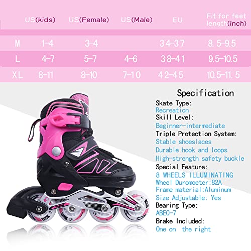 Image of Boys Kids Adjustable Inline Skates, Girls Inline Skates for Kids, Beginner Roller Skates for Girls Men and Ladies Outdoor (3#Pink, X-Large(7M /8W-10M /11W US))