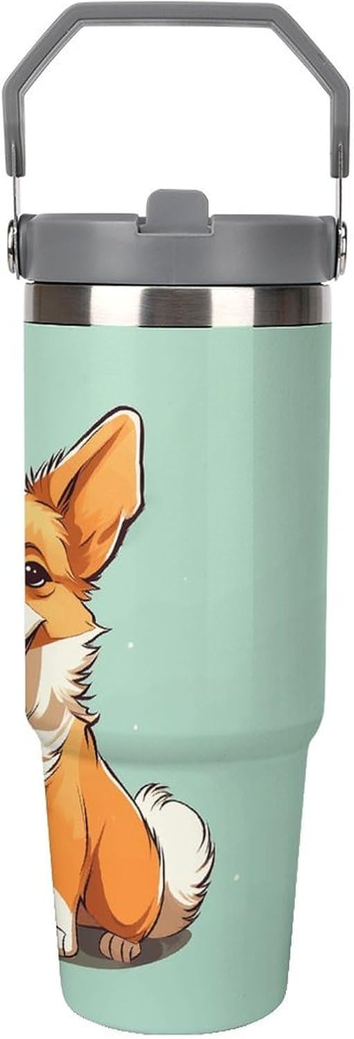 Corgi Cute Dog Water Bottle 30 Oz Fits Car Cup Holder,Insulated Coffee Mug Large Capacity Car Cups,Stainless Steel Double Wall Sport Bottle for Travel Sports Gym