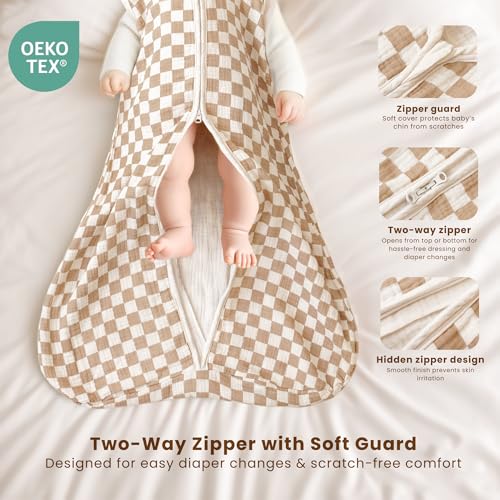 Image of Konssy Muslin Baby Sleep Sack 6-12 Months, 0.8 TOG Baby Wearable Blanket | 2 Pack, 2-Way Zipper, 100% Cotton, Soft & Breathable Sleeping Sack, Infants & Toddlers Nursery Essentials (Moon,Coffee Check)