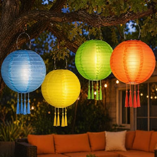 Farolillos solares exterior colgantes de nylon con encendido automático y luz cálida