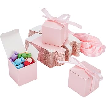 PH PandaHall Pack of 50 Pink Gift Boxes 5 x 5 x 5 cm Kraft Paper Box with Lid Foldable Treat Boxes Small Jewellery Party Gift Box with Ribbon for Wedding Party Sweets Candles Christening Packaging