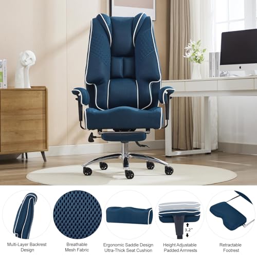 Image of EXCEBET Big and Tall Office Chair 400lbs Wide Seat, Leather High Back Executive Office Chair with Lumbar Support, Ergonomic Chairs Padded Armrests & Thick Cushion (Mesh Blue)