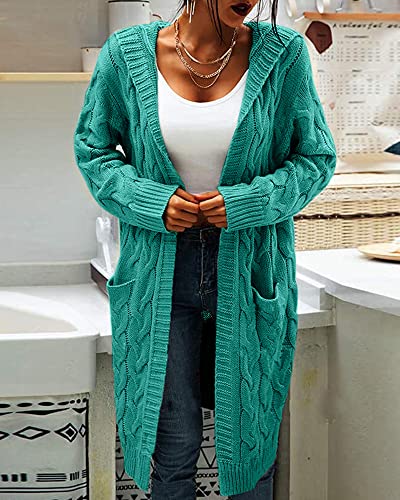 Image of Women Hooded Open Front Cardigan Cable Knit Chunky Long Sweater Coats | solid color, cable knit ,long duster cardigan,chunky coatigan,winter ,falll ,side pockets