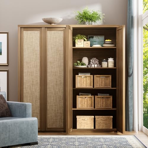 Image of Yechen 67 inch Tall Kitchen Pantry Cabinet,Rattan Storage Cabinet with Solid Wood Integrated Handle​and Adjustable Shelves, Cupboard with Doors for Livingroom, Dining Room, Natural Walnut (2 Piece)