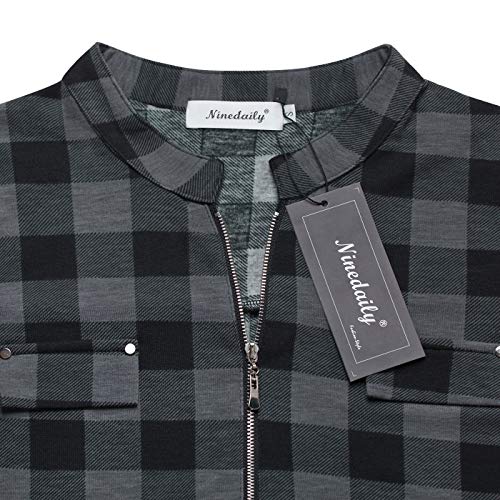 Ninedaily Women's 3/4 Sleeve Fashion Tops Zip Buffalo Plaid Shirt Tunic Blouse Tops,Black and White Plaid Size XXL - Thumbnail 4