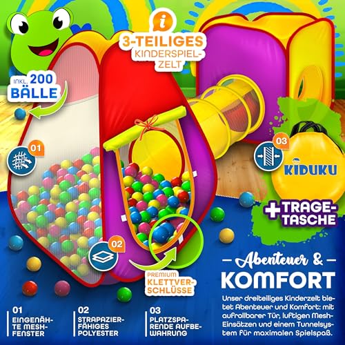KIDUKU® 3-teiliges Bällebad Spielzelt Babyzelt + Krabbeltunnel + 200 Bälle + Tasche für drinnen und draußen