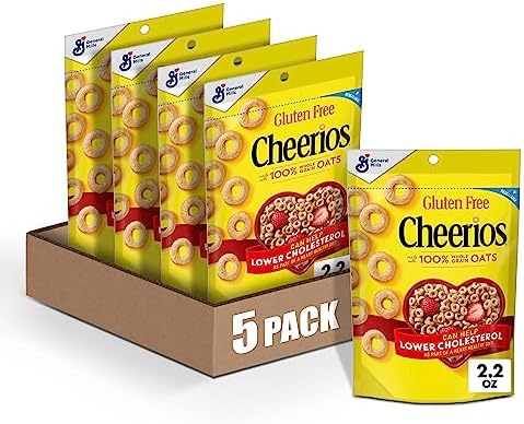 Cheerios Whole Grain Oats Gluten-Free Breakfast Cereal, 2.2 oz Pouch (Pack of 5)