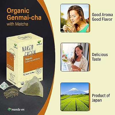 MAEDA-EN NAKED GREEN Organic Genmai-cha with Matcha 12 Tea Bags Hot or Cold Drink Green Tea Japanese Origin Individually Wrapped Teabags 08202 1pk