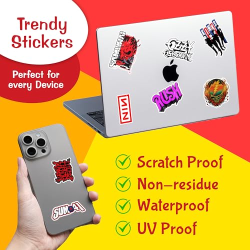 Image of CodersParadise - Pack of 101 Evergreen Rock Band Vinyl Stickers for Laptop, Journal, Guitar, Mobile Phone - Waterproof Residue Free Multicolor Stickers - 3 Inches for Metal, Glass, Wooden