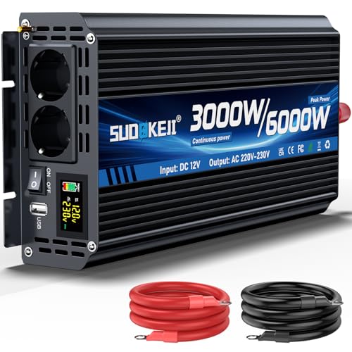 【Versione aggiornata a basso consumo in standby】Potenza continua nominale di 3000W e potenza di picco di 6000W. Converti DC 12V in 220/240VAC e risparmia più energia con alta efficienza di conversione (>90%) e bassa perdita a vuoto. L'inverter ha prese standard UE da 230 V AC e un'interfaccia di ricarica rapida USB da 3,1 A, che può soddisfare le vostre diverse esigenze di alimentazione.