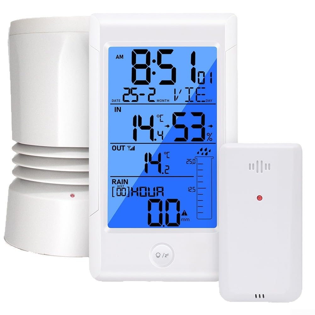 Drahtlose Wetterstation mit Regenmesser, Digitaler Thermometer und Hygrometer für Innen und Außen, LCD Display mit Kalender, Wecker und 7 Sprachen, Weiß
