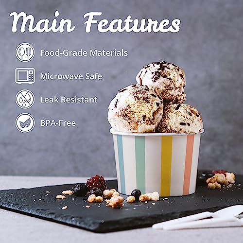 Image of Paper Ice Cream Cups, 100-Count 9-Oz Disposable Dessert, Snack Bowls for Hot or Cold Food, 9-Ounce Party Supplies Treat Cups for Sundae, Frozen Yogurt, Soup, Pastel Stripes