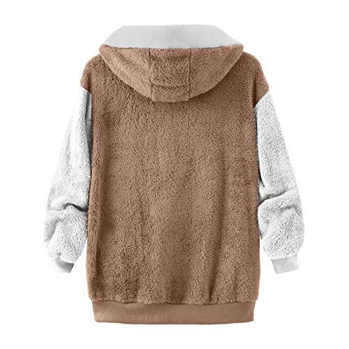 Fuzzy Fleece Jackets for Women Plus Size Hoodies Fall Winter Coats Color Block Patchwork Cardigan Coat with Pockets