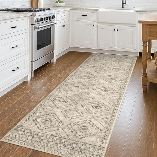 KILOCOCO Hallway Runner Rug 3'x8' Runners for Hallways Washable Runner Rug Non Slip Rubber Backed Low-Pile Runners for Bedroom Kitchen Living Room Laundry Room Boho Rugs, Beige/Gray/Green