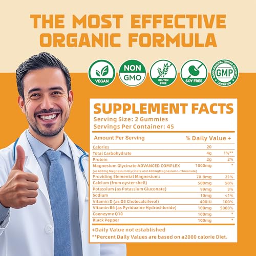 Magnesium Glycinate Gummies 1000mg with Magnesium L-Threonate,Chelated Magnesium Potassium Complex Supplement with VitD, B6, CoQ10, Calcium,Supports for Memory, Calm, Mood - 90 Gummies Orange