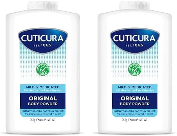 CUTICURA Mildly Medicated Body Powder 250 g, Many Uses Personal Hygiene, Sweat Control, Chafing and Friction Prevention, Itching Relief (Pack of 2)