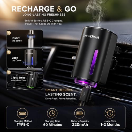 Image of Car Air Freshener - Smart Adjustable 3-Speed Intensity, Rechargeable Humidifier Car Essential Oil Diffuser - Comes with 8 Bottles of 10ml Perfume (Black)
