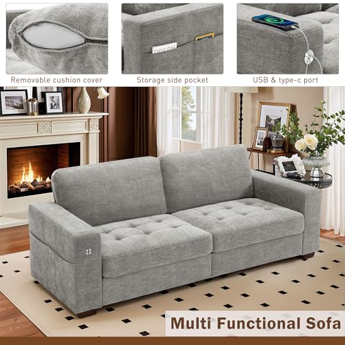 Image of Hanherry Couch for Living Room, Modern Comfy Sofa with Medium Firm Seat Cushion, Removable Cover,Wide Armrest,USB /Type-C Port,Chenille Fabric Couches for Small Space,Apartment (Gray, 89 inch)