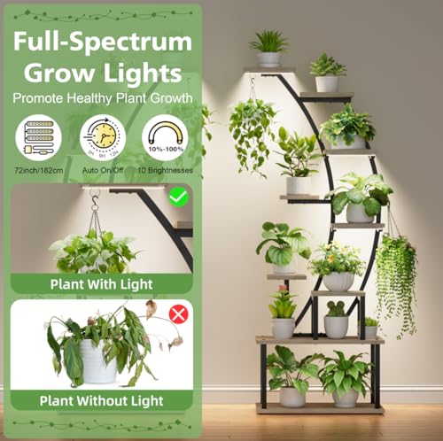 Image of BACEKOLL Plant Stand Indoor with Grow Lights, 9 Tiered Metal Plant Shelf, 64 inch Tall Plant Stand for Indoor Plants Multiple, Large Plant Rack Display Shelf, Curved Plant Holder for Living Room, Grey