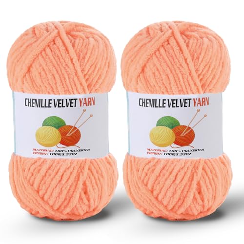 Image of 2 * 100g /3.5oz Fluffy Chenille Yarn for Crocheting, Chunky Velvet Yarn for Crochet Amigurumi, Used for Making Baby Yarns Blanket, Clothes, Pattern Knitting Creations (Apricot Color)