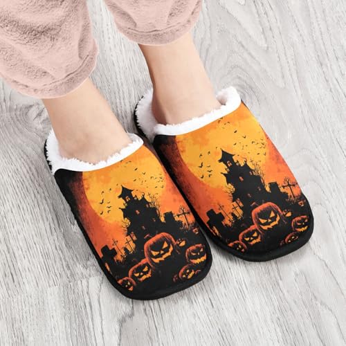 Halloween House Black Slippers For Women Men Soft Memory Foam Non-Slip Hallowmas Winter Indoor House Shoes Travel Slipper4