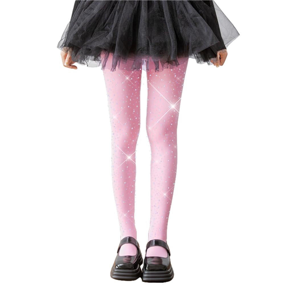 LUCKELF Glitter Tights for Girls, Soft, Opaque, Sparkling, Rhinestone, School Dress, Dance Tights, pink, 8-14 Jahre