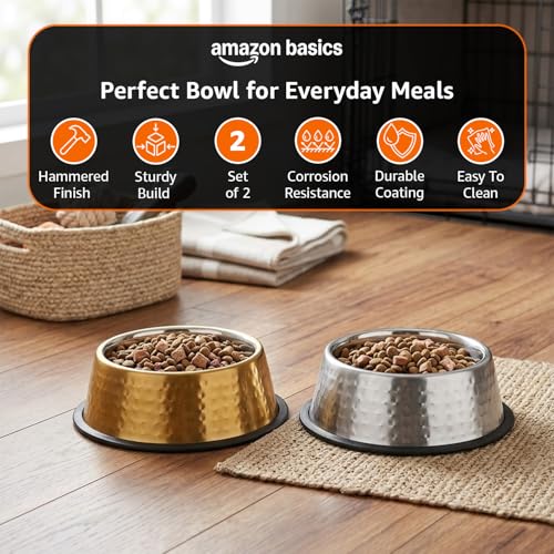 Image of Amazon Basics Stainless Steel Pet Feeding Bowls for Dog & Cats | Set of 2 | Anti Slip Base | Hammered - Copper & SS Shiny 345 ml Each