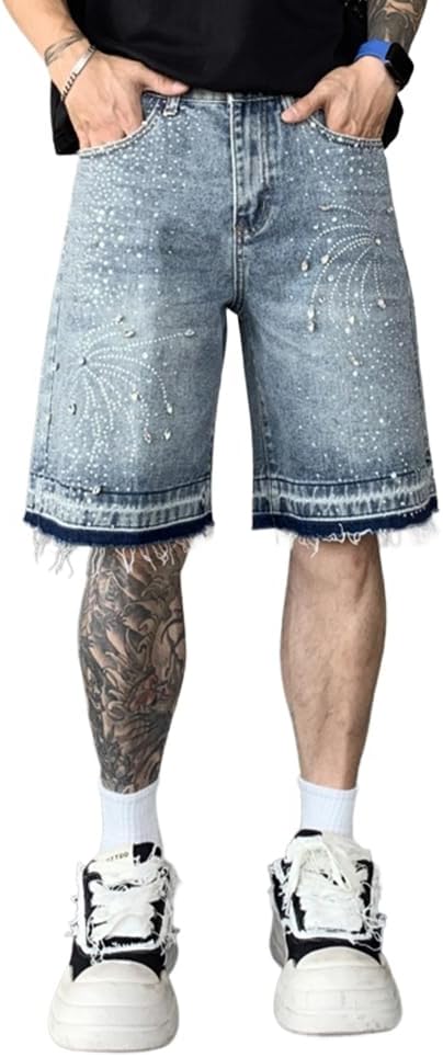 Men's Loose Fit Jean Shorts Straight Leg Casual Rhinestones Denim Shorts