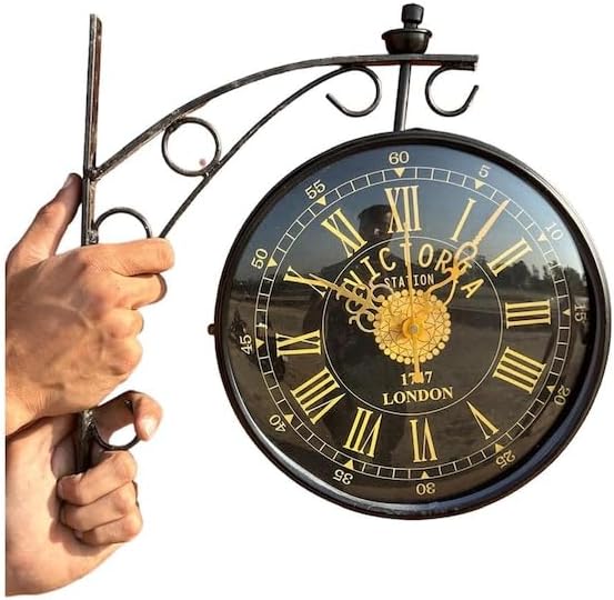 Victoria Station Double Sided Wall Clock – Art Deco Rustic Decor | Vintage Style Double-Sided Station Clock | Victoria Station London 1747 | Roman Numerals | Wall Mount