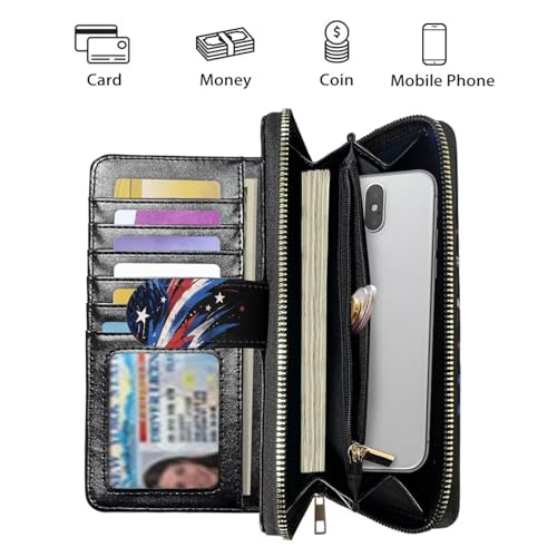 Image of COEQINE Ladies Wallets Pink Leopard Heart Black Printed Leather Phone Long Clutch Purses Check Coin Change Holder