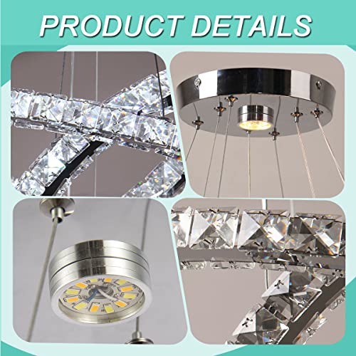 3 Rings Crystal Chandelier, Modern Led Round Pedant Lighting Stainless Steel Height Adjustable Ceiling Light For Living Room Bedroom Closet (White Light) #TOP4