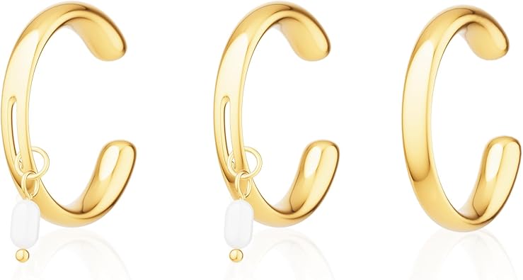 Tewiky Gold Ear Cuff Earrings for Women Non Piercing, 14K Gold Plated Ear Cuffs Non Piercing, Clip-On Cartilage Earring, Fake Earrings For Women, Set C of 3 Ear Cuffs, Pearl Ear Cuff Set