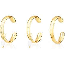 Tewiky Gold Ear Cuff Earrings for Women Non Piercing, 14K Gold Plated Ear Cuffs Non Piercing, Clip-On Cartilage Earring, Fake Earrings For Women, Set C of 3 Ear Cuffs, Pearl Ear Cuff Set