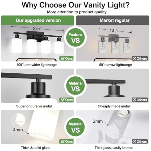 Image of Indoi 4-Light Bathroom Light Fixtures, Matte Black Modern Vanity Lights with Milky White Shades, Bathroom Wall Lamp for Mirror Living Room Cabinet Bedroom Porch