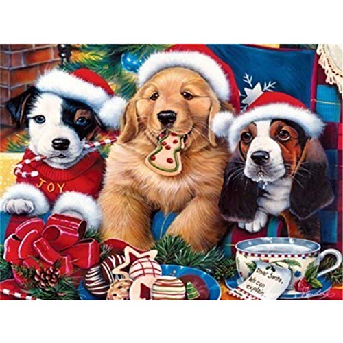 ANMUXI 5D Diamant Peinture Kits de Forage Ronds Complets pour Adultes Diamant Art Strass Broderie Point de Croix Artisanat Chiens de Noël 30x40CM/ (12x16in) Cover
