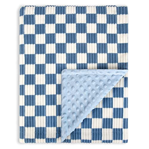 Image of BEILIMU Baby Blanket for Boys Girls 3D Checkerboard Grid Ultra- Soft Cozy Corduroy Toddler Blanket for Kids Stripe Chessboard Plaid Design Receiving Blanket Blue 30 x 40 Inches