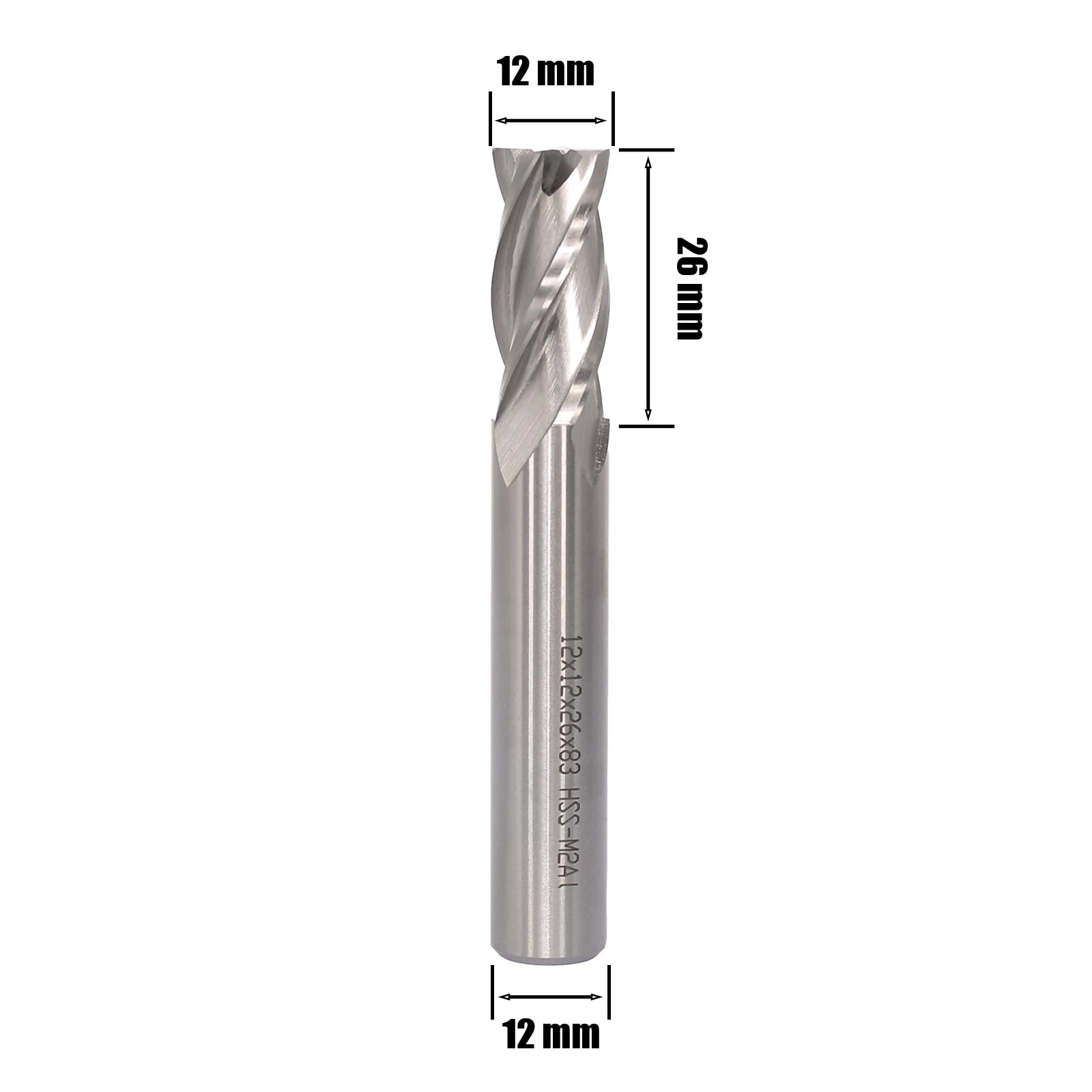Fraise à Queue CNC 12 mm de Diamètre de Tige, 4 Flûtes, Hélicoïdale HSS pour Aluminium, Bois
