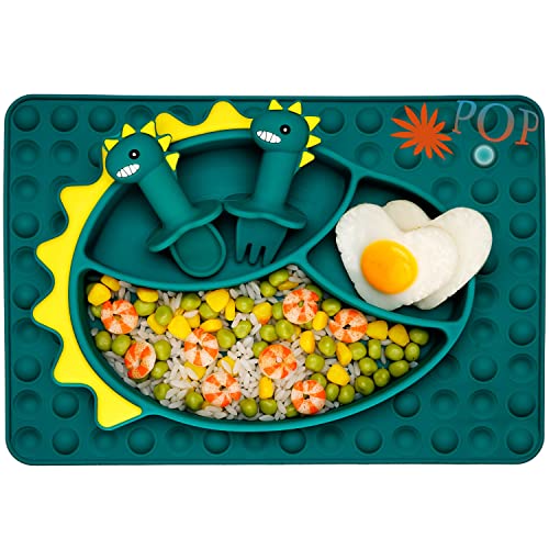 Image of NICINGU Silicone Toddler Dinosaur Feeding Placemat Set With Spoon and Forks, Baby Push Pop Bubble Suction Divided Plate Utensils, Kids Led Weaning Dish - Bubble Blue Dinosaur