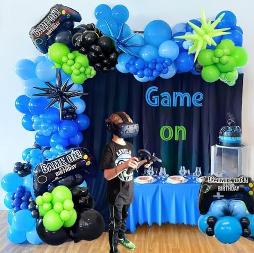 SINGOMON Video Game Birthday Decorations Green Blue Black Balloon Arch Kit Blue Balloon Garland Kit Game Controller Balloons Explosive Star Balloons for Boys Birthday Decorations — view 4