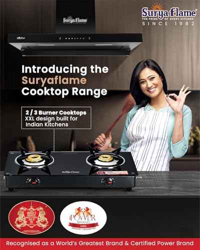 Image of Surya Flame Gas Stove 2 Burner with Glass Top, Brass Burners, 69%+ Thermal Efficiency & Toughened Glass, 2 Years Warranty & Doorstep Service across India