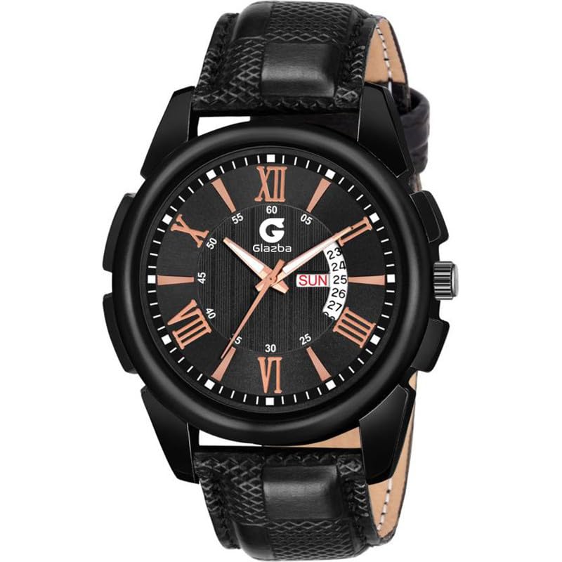 Glazba Mens DD Leather Strap Analog Wrist Watch for Boys with Date and Day Aperture Functioning (Black) (B0CW5YR6L5) Amazon Price History, Amazon Price Tracker
