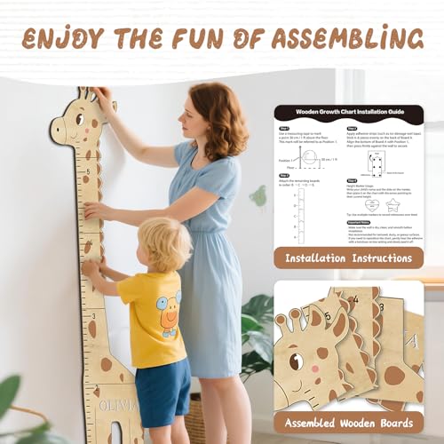 image for Woodemon Personalized Name Kids Growth Chart for Wall, Cute Giraffe Wo