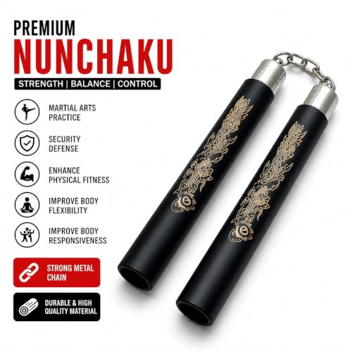 Image of Dragon Design Foam Training Nunchaku with Metal Chain | Martial Arts Practice Nunchucks | Lightweight Training Stick | Black