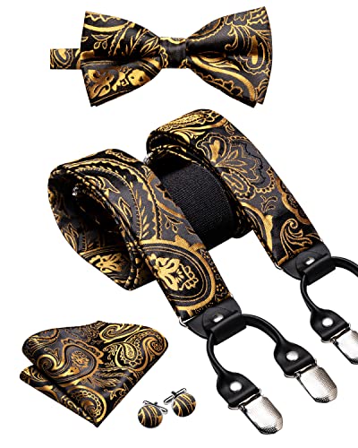Image of Hi-Tie Black Gold Mens Suspenders Bowtie Set Floral Suspenders Pre-tied Bow Tie Pocket Square Cufflinks Adjustable Y Shape 6 Clips Braces Tuxedo