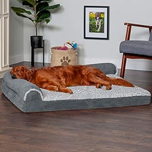 Furhaven Memory Foam Dog Bed for Large Dogs w/ Removable Bolsters & Washable Cover, For Dogs Up to 95 lbs - Two-Tone Plush Faux Fur & Suede L Shaped Chaise - Stone Gray, Jumbo/XL Furhaven Memory Foam Dog Bed for Large Dogs w Removable Bolsters Washable Cover For Dogs Up to 95 lbs Two Tone Plush Faux Fur Suede L Shaped Chaise Stone Gray JumboXL