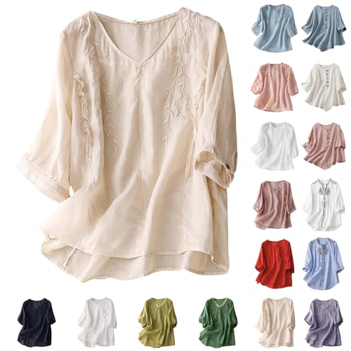 Damen Shirt Kurzarm, Leinen Tunika Damen, Baumwolle Leinen Shirt 3/4 Arm Blusen & Tuniken V-Ausschnitt Oberteile Elegant Leinenhemd Langarm Reise Must...