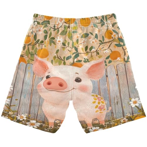 DOMIKING Orange Piggy Beige Boys' Pull On Swim Trunks Quick Dry Boardshorts with Mesh Lining for Kid Boy Toddler M2