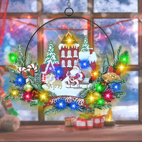 Pre-Lit Christmas Wreath for Front Door, Lighted Santa with 6H On/18H Off - image 4