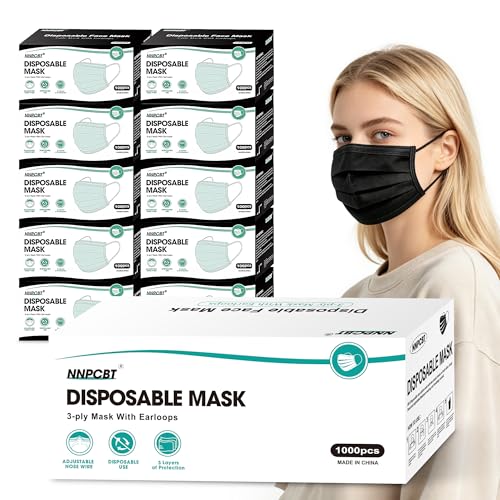 Image of NNPCBT 1000 pcs Black Disposable Masks, 3 Ply Breathable Face Masks for Adults, Black Mask Indoor Outdoor