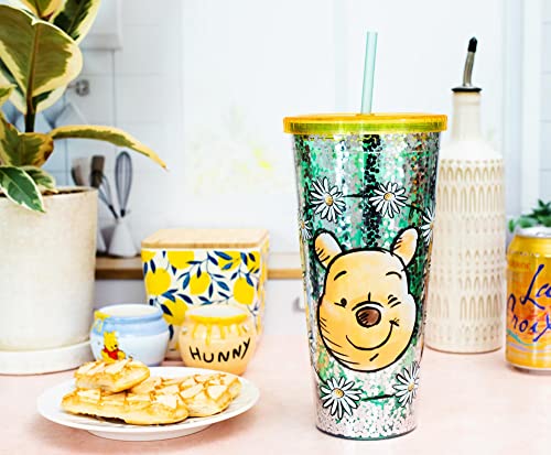 Image of Silver Buffalo Disney Winnie the Pooh Flowers, Plastic Cold Cup, 32oz | Confetti, Includes Lid and Straw, 0.95 Liters